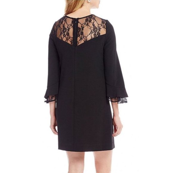 Tahari Crepe Lace Ruffle Bell Sleeve Shift Dress - Picture 2 of 3
